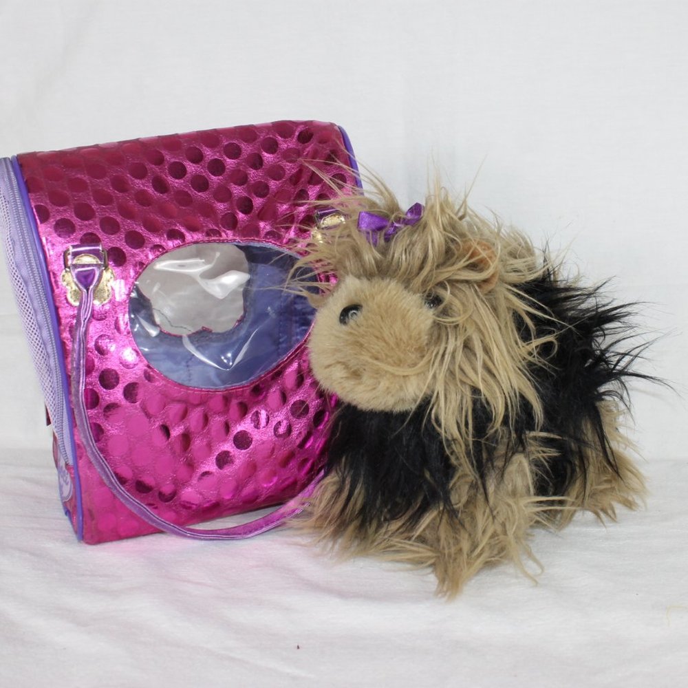 Battat Pucci Pups Carrier Yorkshire Terrier Pink Polka Dot Gold Flowers Zippers